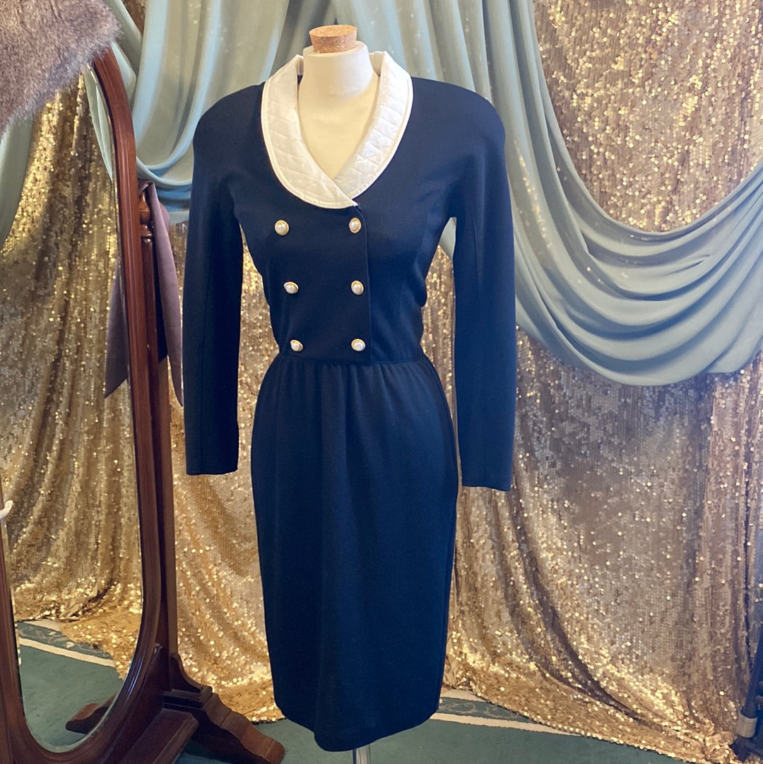 Robe tailleur noire en laine avec col en soie Adrienne Vittadini