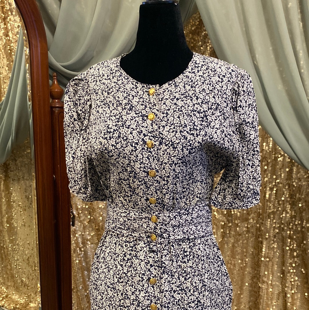 Robe florale ceinturée Thérèse Baumaire Paris 1990