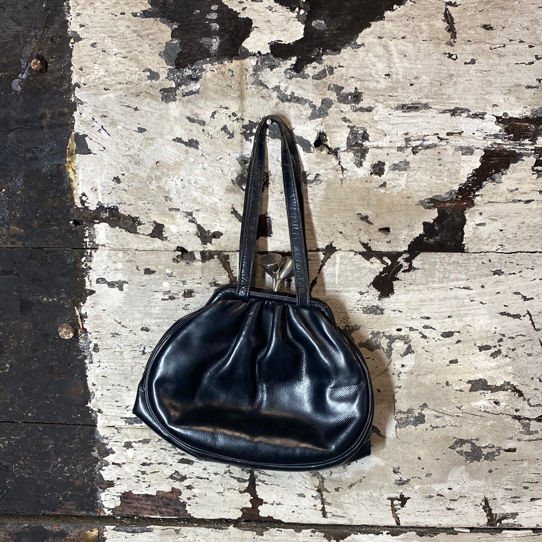 Petit sac cuir noir aumônière avec fermeture en métal